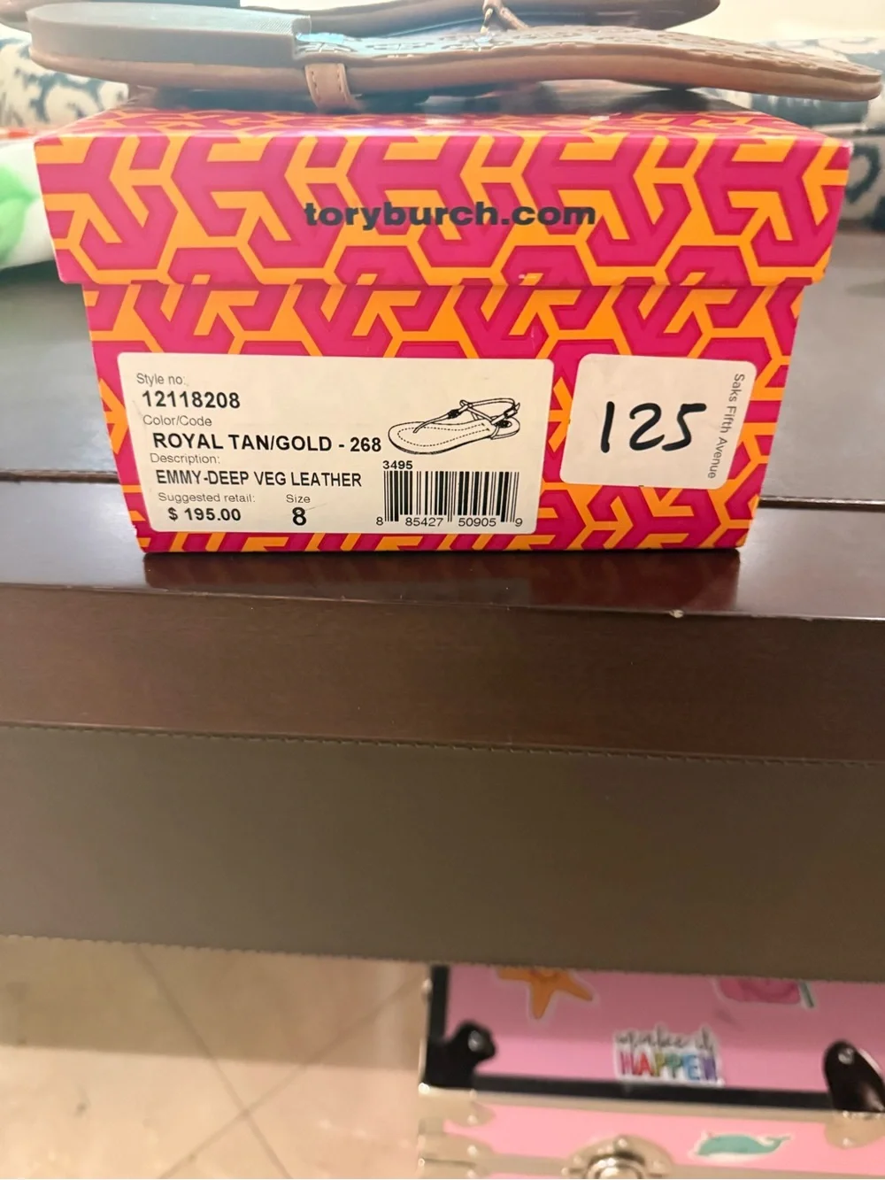 Tory Burch Cognac Leather Logo Thong Sandals
